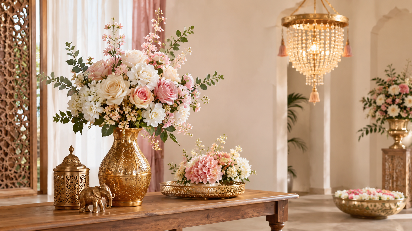 Decorative handicrafts, artificial flowers, and elegant home décor accessories arranged for an Indian home and event styling display.