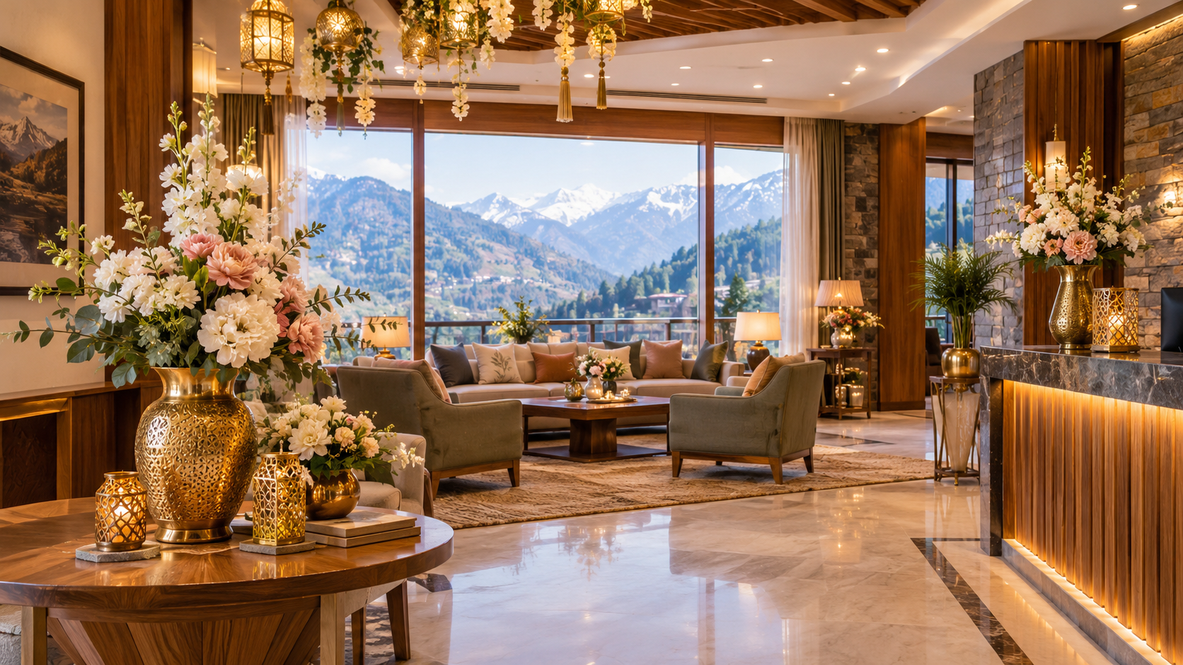 Elegant Himachal Pradesh mountain resort interior featuring decorative vases, artificial flowers, warm lighting, and handcrafted hotel décor.