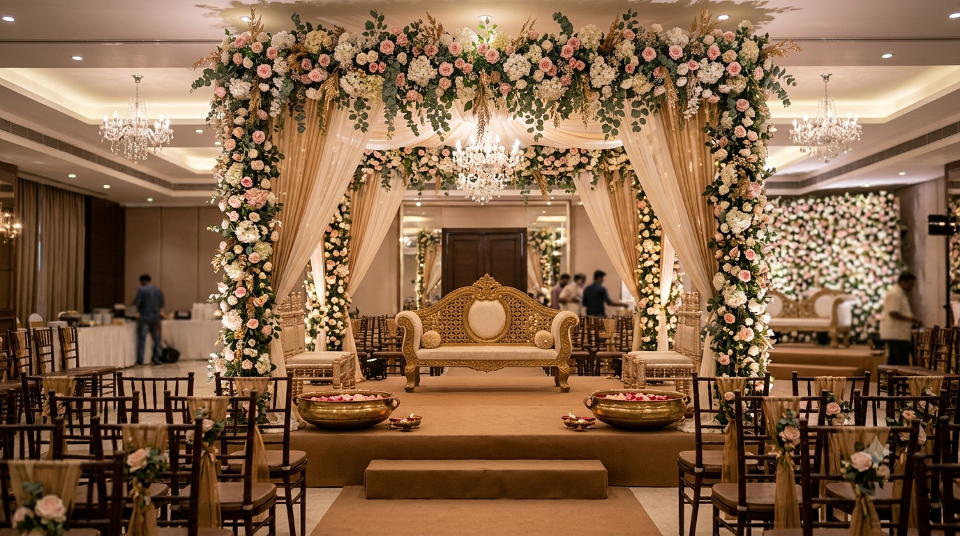 Elegant wedding decor setup in Mumbai featuring handcrafted floral arches, pastel drapes, and brass urlis