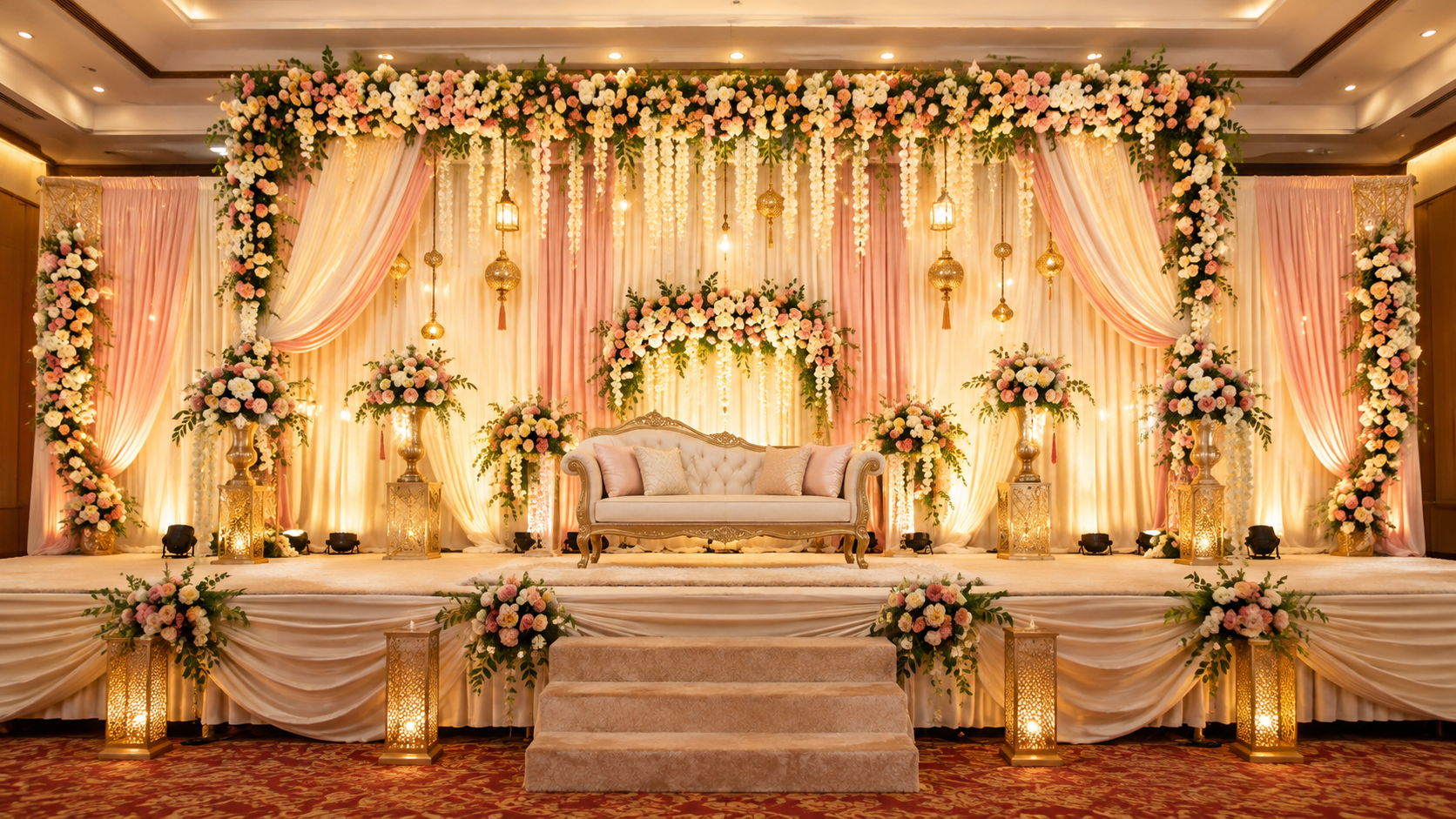 Budget wedding stage decoration with artificial flowers, cream fabric draping, and golden accents.
