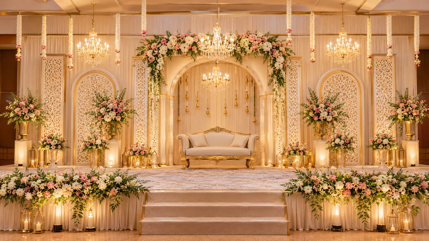 Elegant South Indian wedding stage decorated with artificial flowers, ornamental backdrop panels, chandeliers, and golden accents.