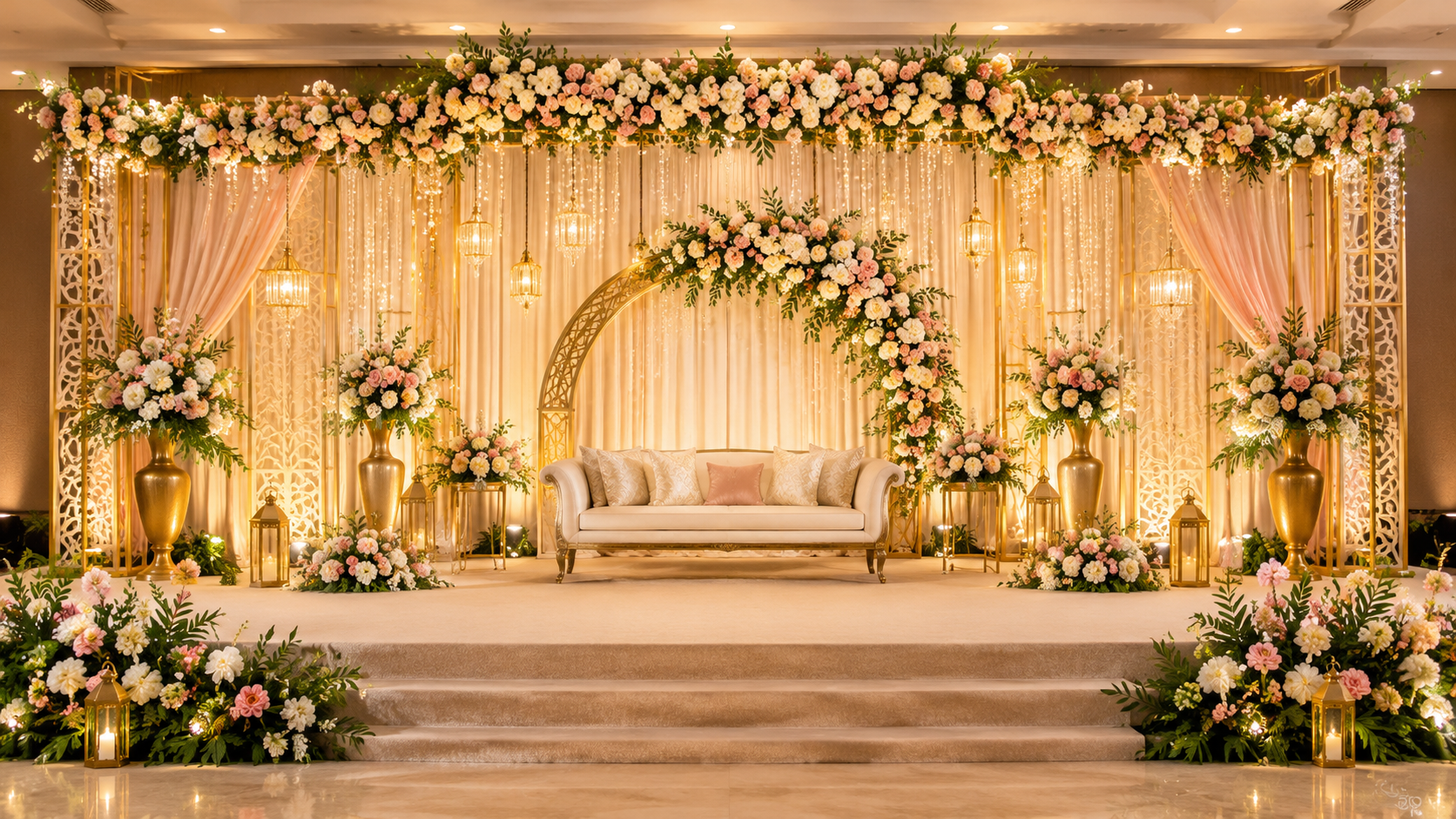 Elegant Indian wedding stage decorated with artificial flowers, golden vases, hanging ornaments, and decorative background panels.