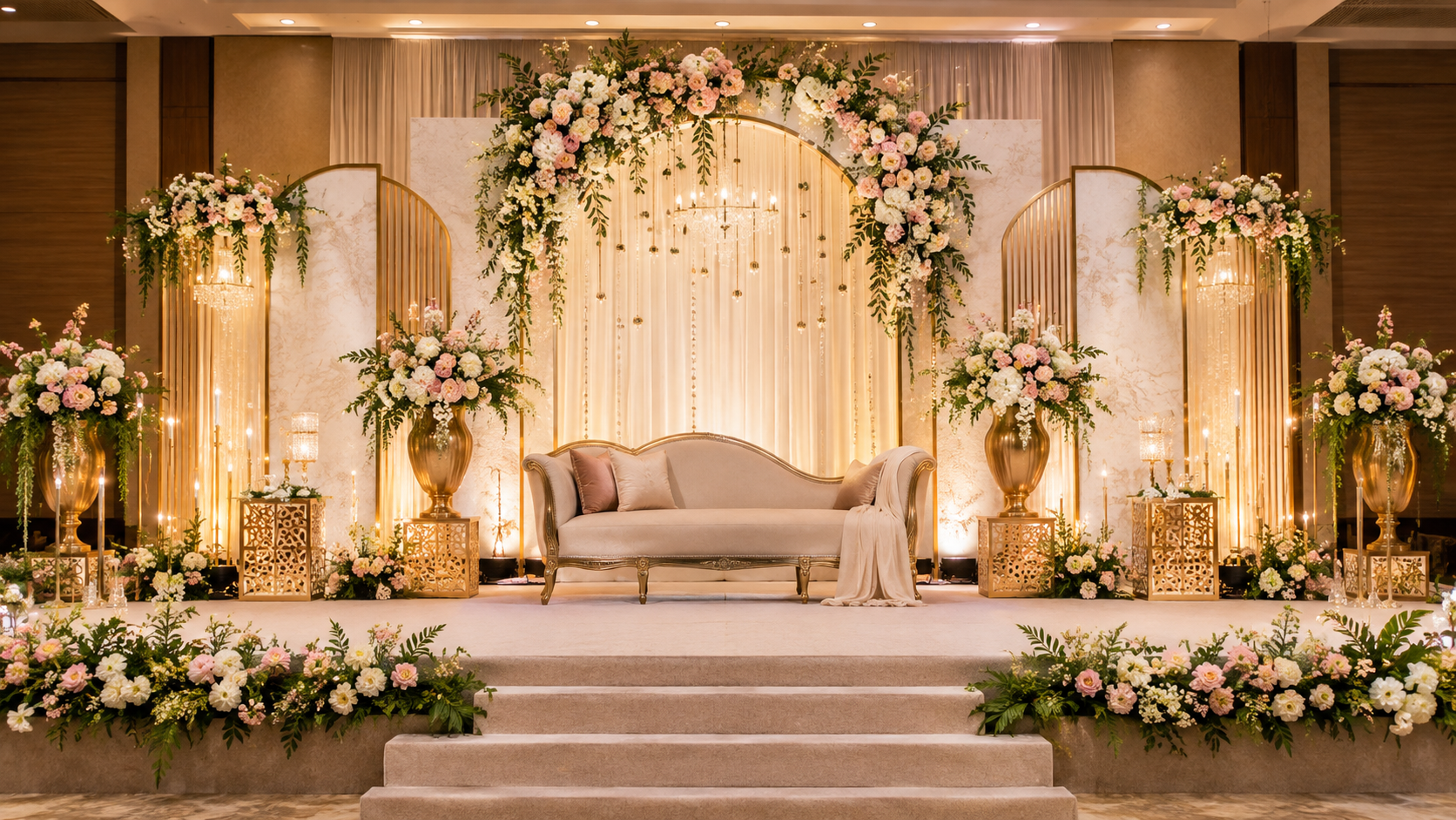 Elegant wedding event props with artificial flowers, golden decorative vases, and a stylish stage backdrop.