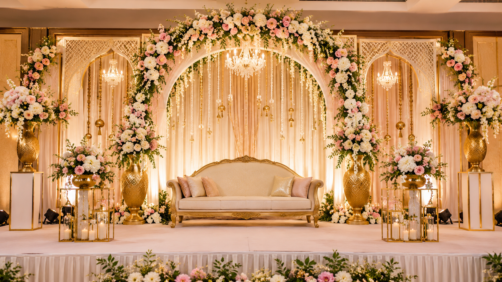 Wedding props featuring artificial flowers, golden decorative vases, hanging ornaments, and an elegant stage backdrop for Indian wedding decoration in Hyderabad.