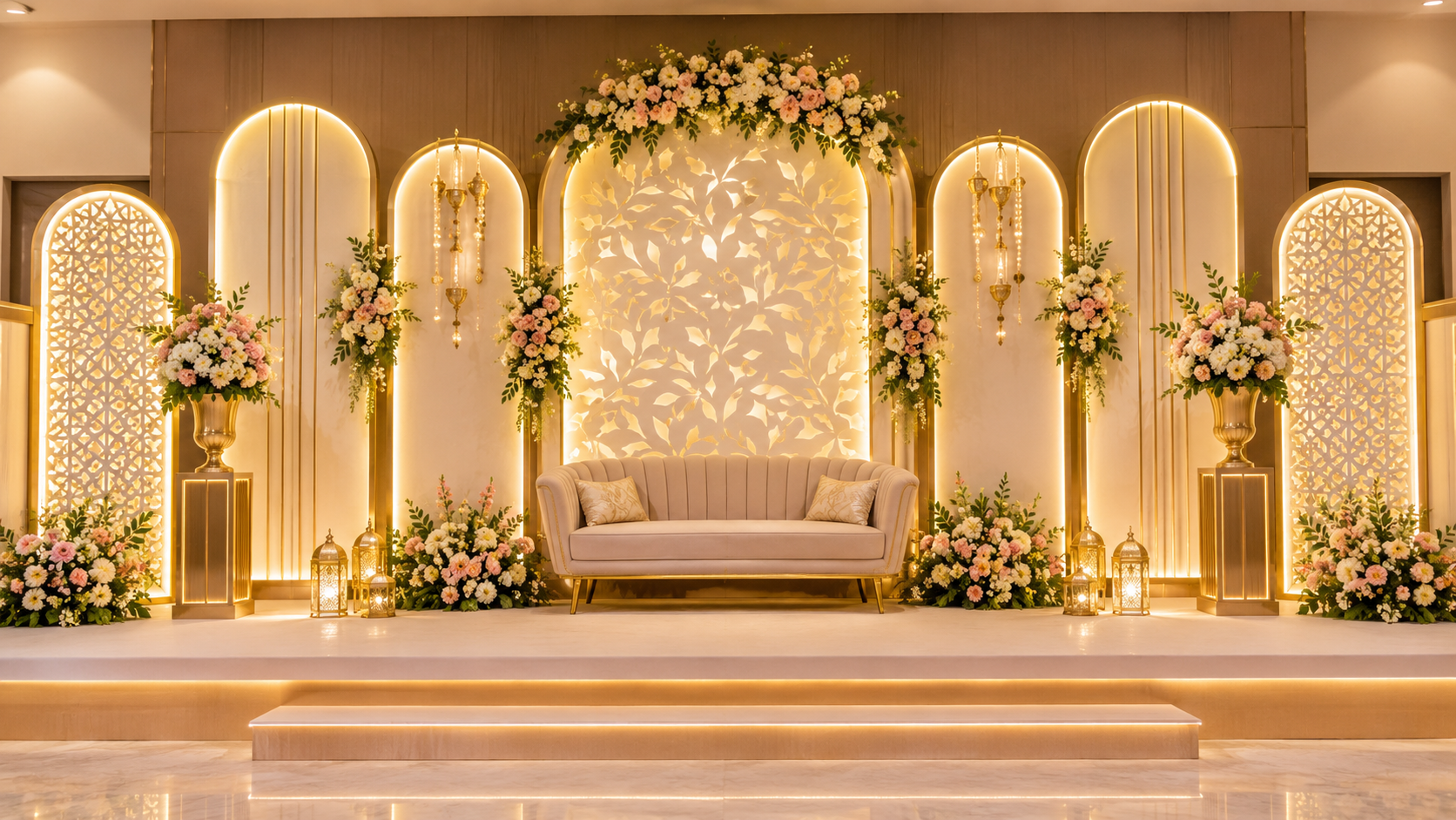 Wedding event props featuring decorative vases, artificial flowers, and an elegant stage backdrop for Haryana event decoration.