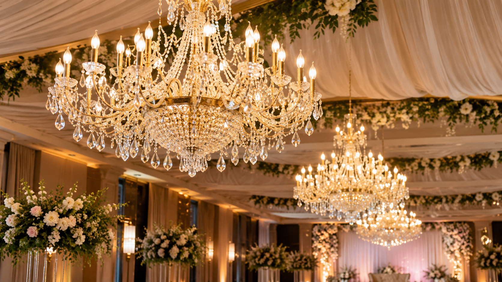 Elegant destination wedding mandap with cream and blush floral decorations in a scenic Uttarakhand mountain resort garden.