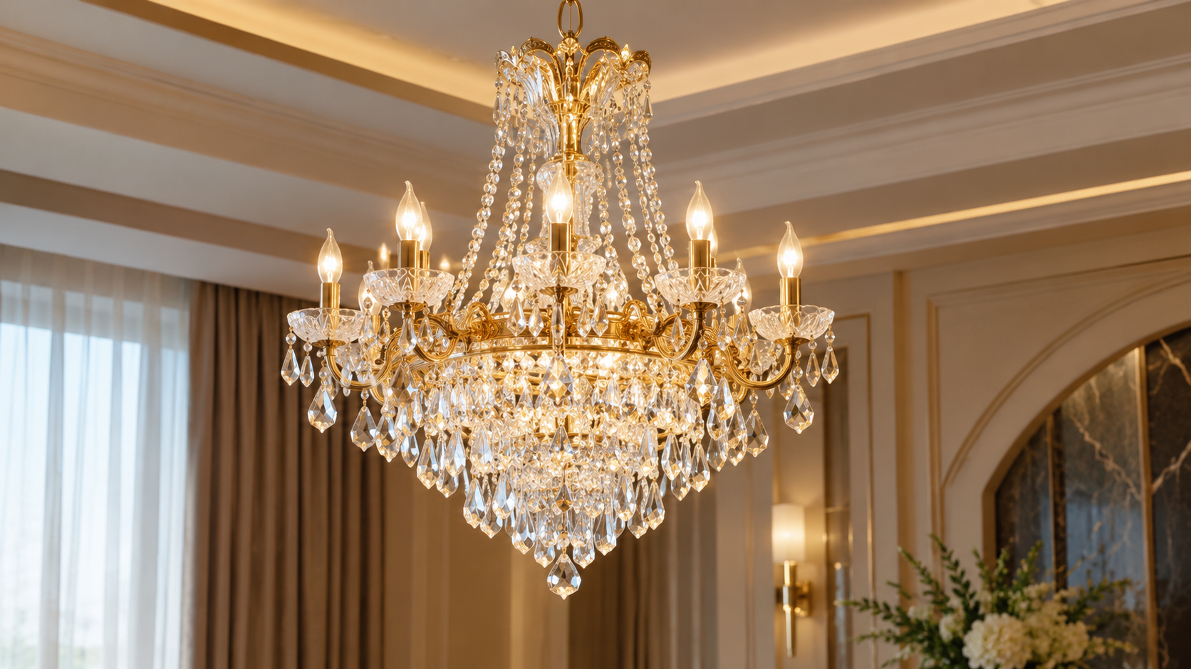 Elegant wedding stage decoration with artificial flowers, golden decorative stands, crystal pillars, and warm lighting for event décor in Jammu & Kashmir