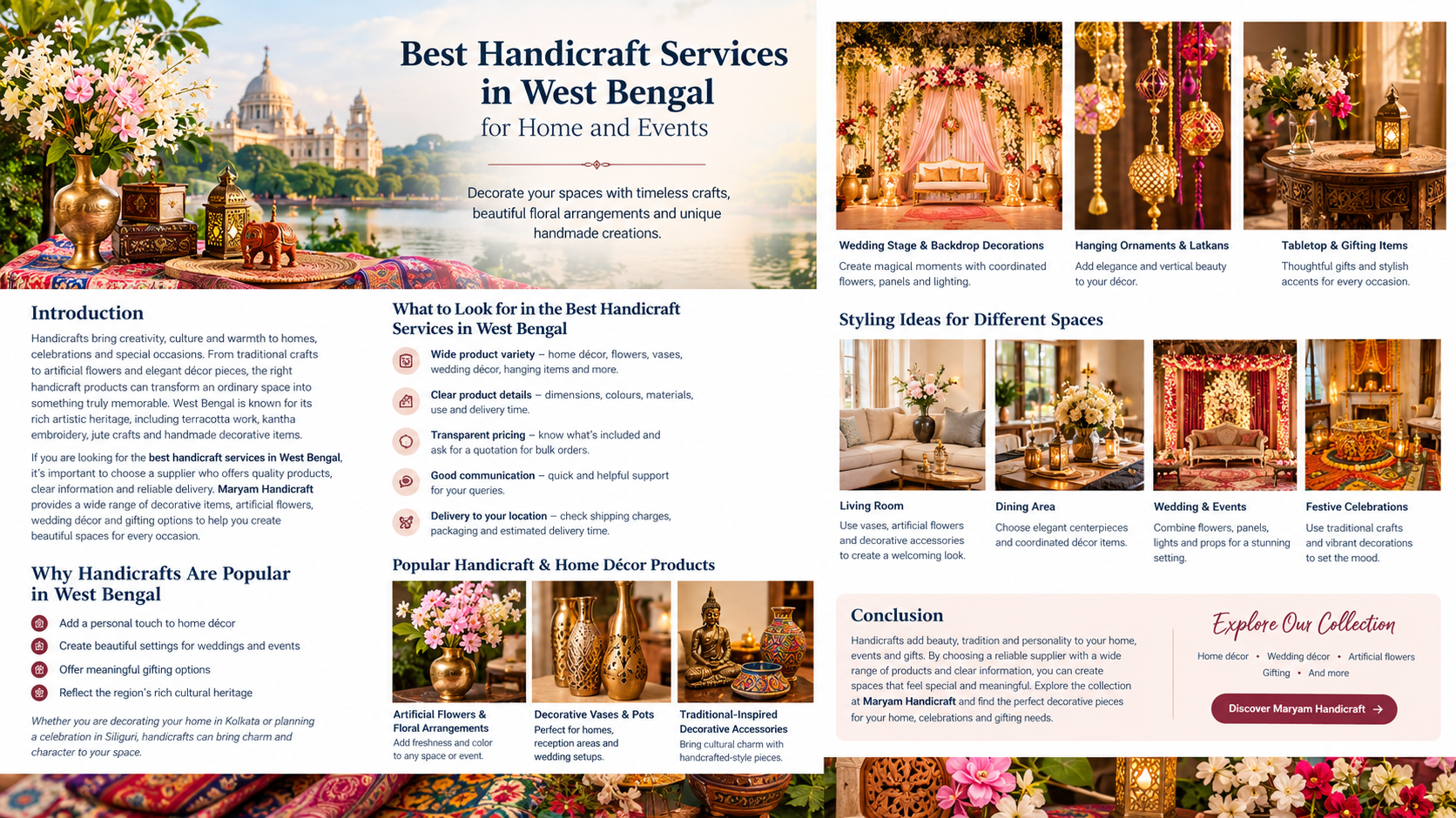 Authentic West Bengal handicrafts including terracotta horse, Dokra brass decor, and shola flowers styled for home décor