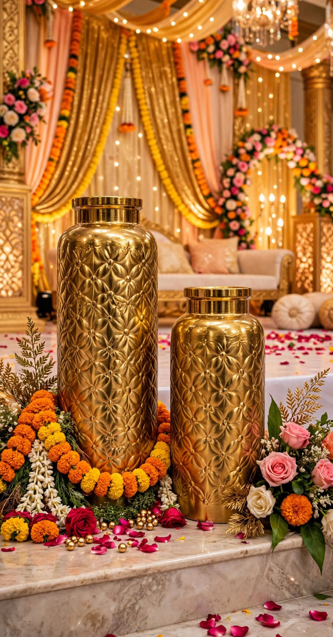 Golden Vase with Flowers for Home and Event Decoration