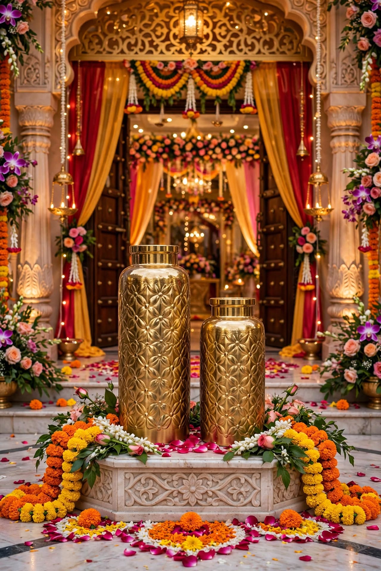 Golden Vase with Flowers for Home and Event Decoration