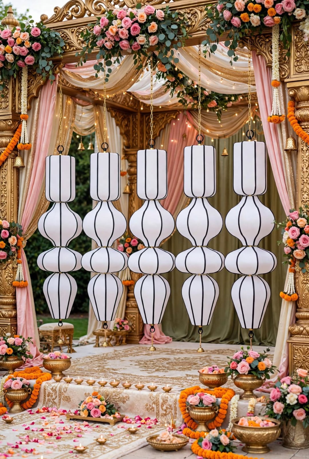 Black Line Fabric Jhoomar Lantern for Wedding Decoration